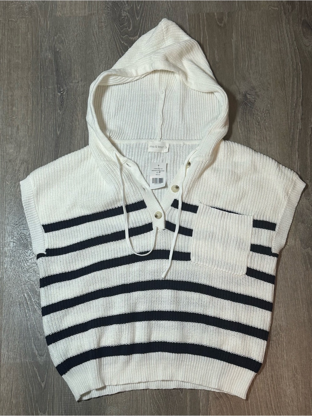 Striped Hooded Knit Poncho Sweater - White & Navy